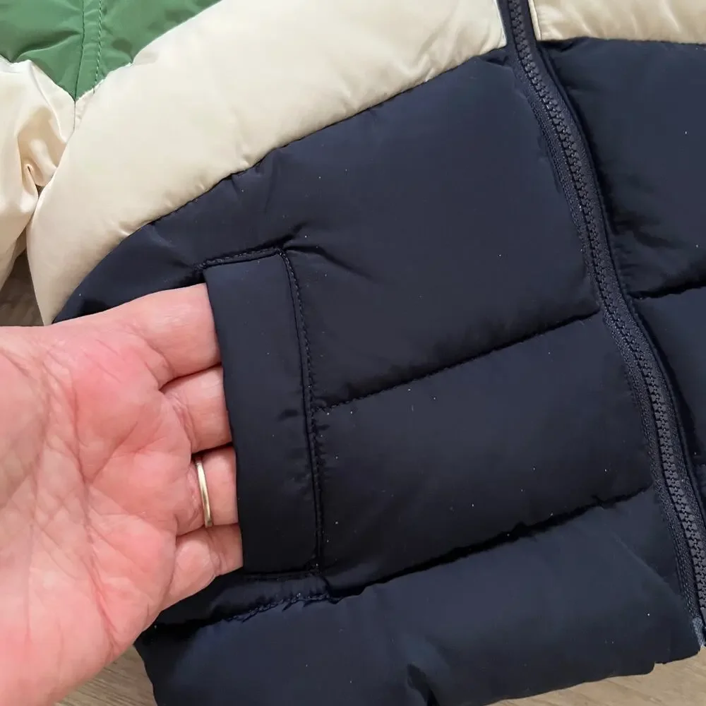 Petit Bateau Boys Puffer Jacket Baby 12M Green Navy Colorblock Hooded Fleece New